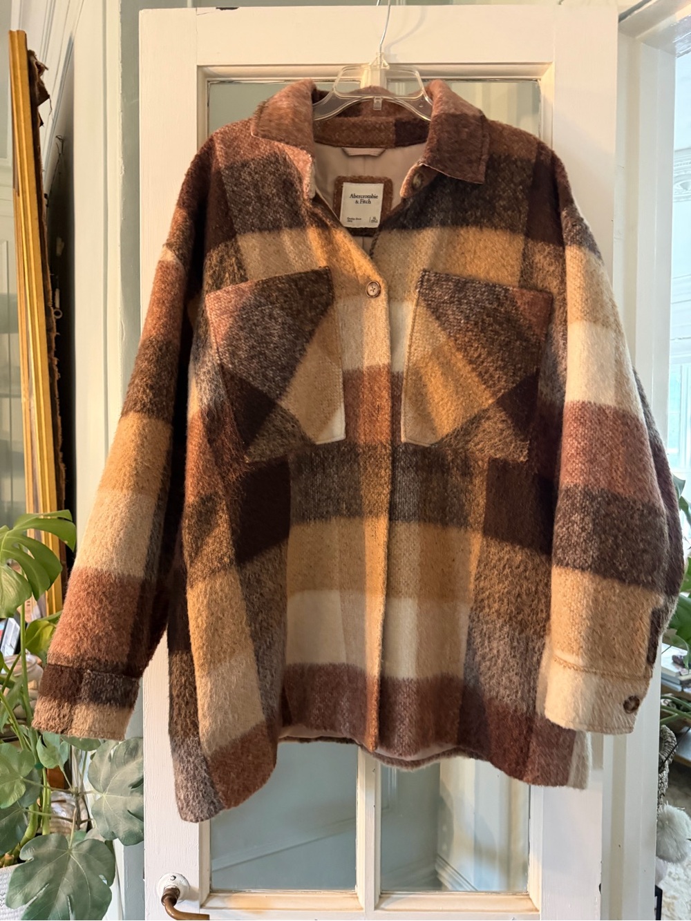Abercrombie & Fitch Plaid Teddy Shacket in Brown, Cream & Tan